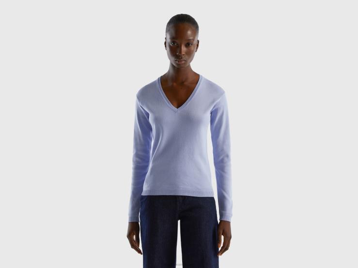 V-Neck Sweater In Pure Cotton B4BF3523 Benetton Women Lavender
