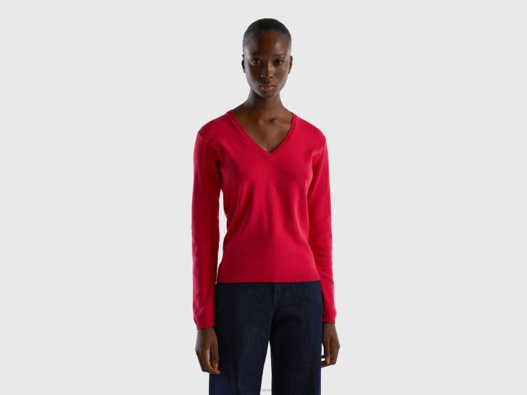 V-Neck Sweater In Pure Cotton B4BF3525 Benetton Women Fuchsia