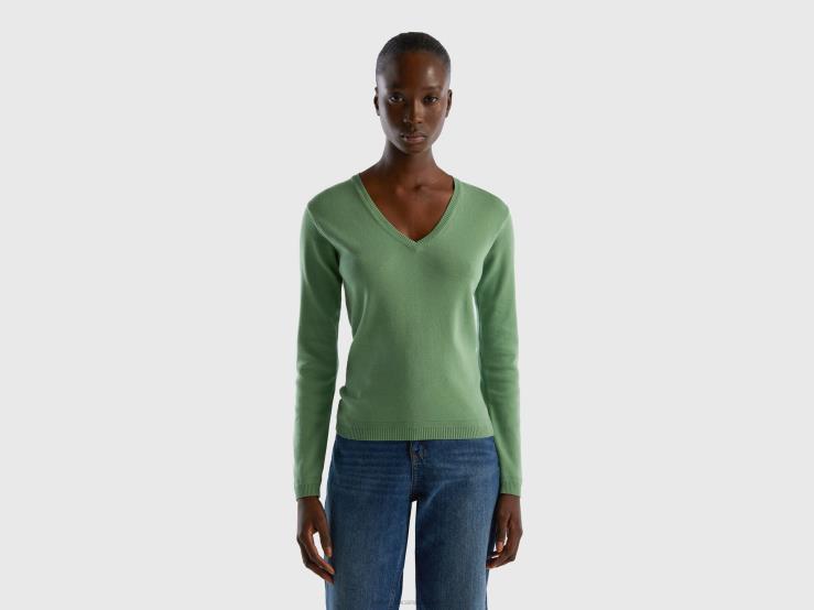V-Neck Sweater In Pure Cotton B4BF3558 Benetton Women Green