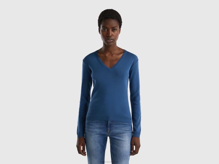 V-Neck Sweater In Pure Cotton B4BF3681 Benetton Women Blue