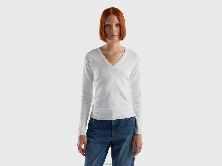 V-Neck Sweater In Pure Cotton B4BF65 Benetton Women White