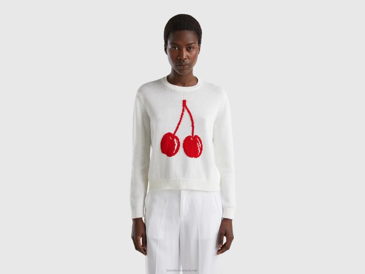 White Sweater With Cherry Inlay B4BF68 Benetton Women White