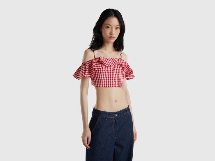 Vichy Crop Top With Ruffles B4BF3788 Benetton Women Red